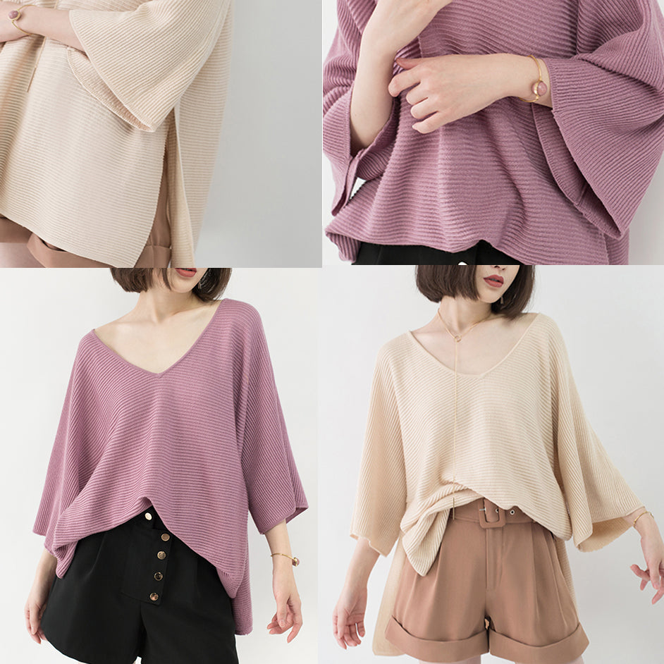 Warm Nude Cozy Sweater V Neck Knitted Blouses Batwing Sleeve Fall Blouse