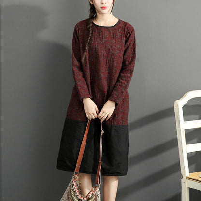 Warm Winter Cotton Outfits Red Prints Dresses Patchwork O Neck Dress