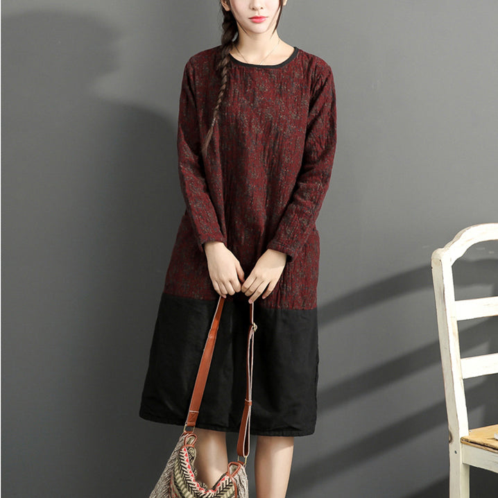 Warm Winter Cotton Outfits Red Prints Dresses Patchwork O Neck Dress