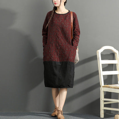 Warm Winter Cotton Outfits Red Prints Dresses Patchwork O Neck Dress