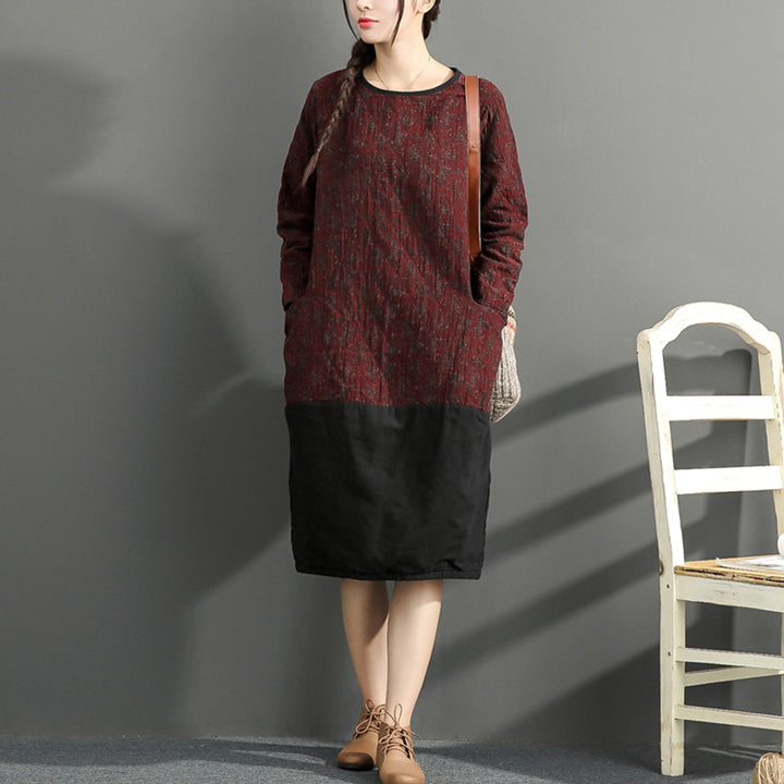 Warm Winter Cotton Outfits Red Prints Dresses Patchwork O Neck Dress