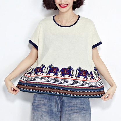 White Animal Prints Cotton Pullover Short Sleeve T Shirt