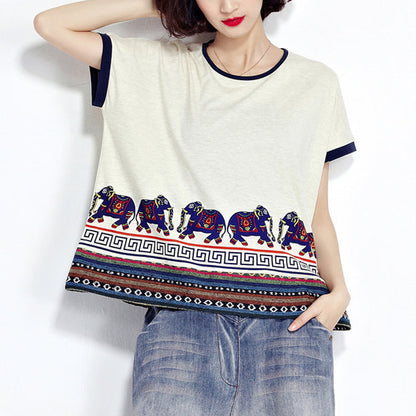 White Animal Prints Cotton Pullover Short Sleeve T Shirt