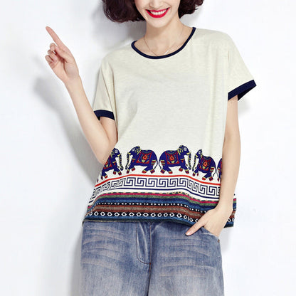 White Animal Prints Cotton Pullover Short Sleeve T Shirt
