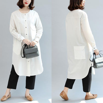 White Baggy Cotton Dresses Loose Long Sleeve Shirt Dress