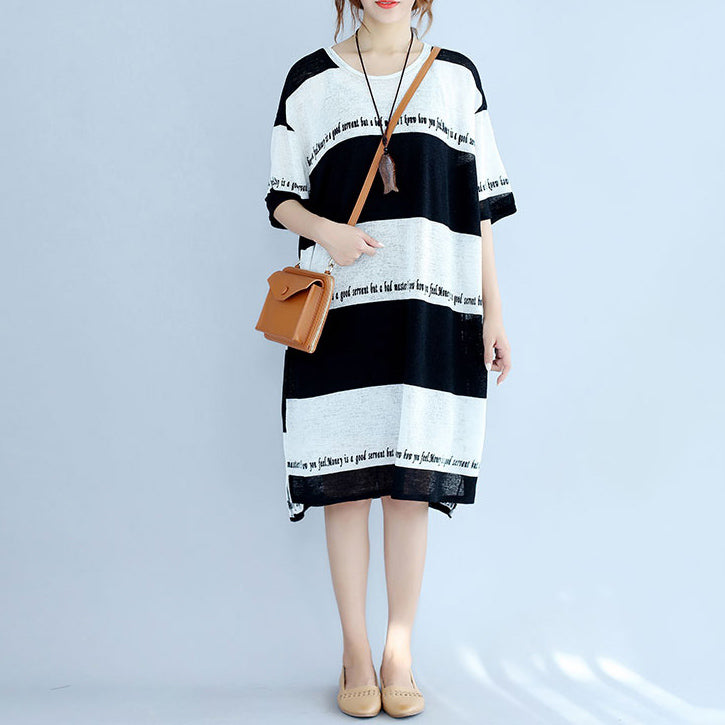 White Black Striped Midi-length Cotton Dress Linen Cotton Dress Boutique Low High Design Alphabet Prints Clothing