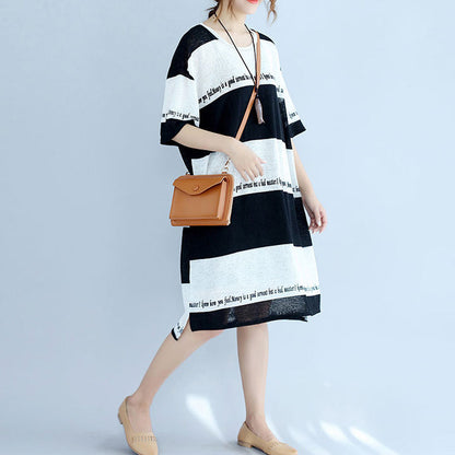 White Black Striped Midi-length Cotton Dress Linen Cotton Dress Boutique Low High Design Alphabet Prints Clothing
