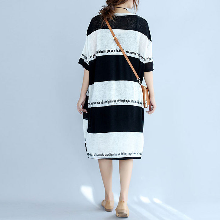 White Black Striped Midi-length Cotton Dress Linen Cotton Dress Boutique Low High Design Alphabet Prints Clothing