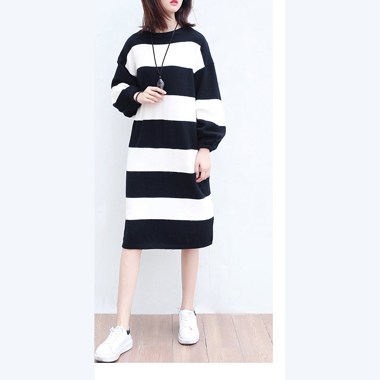 White Black Striped Woolen Cozy Sweater Dresses Knit Shift Dress