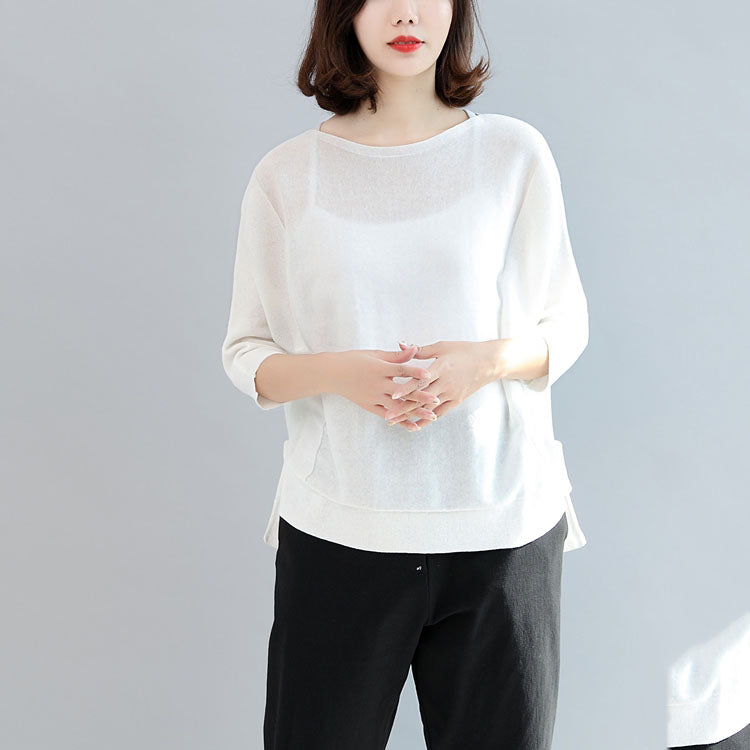 White Cotton Tops Blouse O Neck T Shirt Side Open