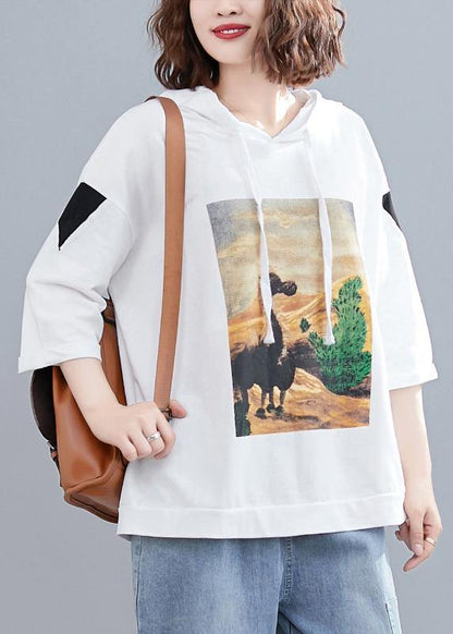 White Prints Hoode Blouse Half Sleeve Tops