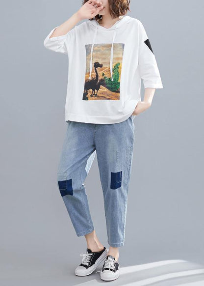 White Prints Hoode Blouse Half Sleeve Tops