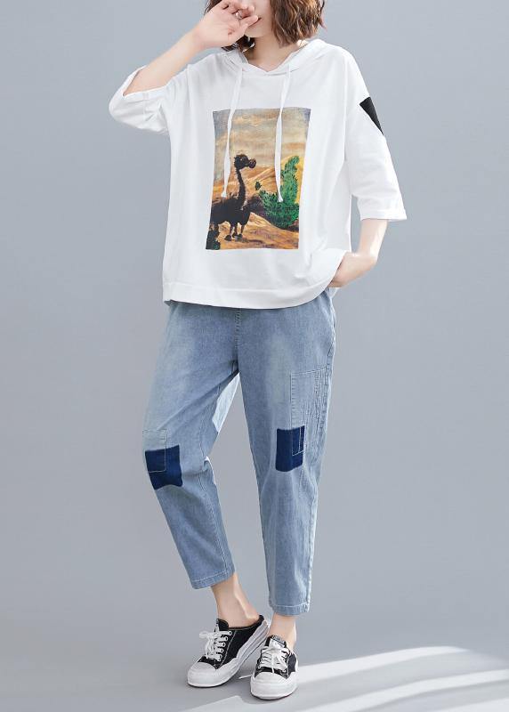 White Prints Hoode Blouse Half Sleeve Tops