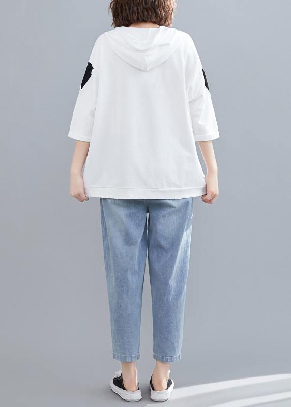White Prints Hoode Blouse Half Sleeve Tops