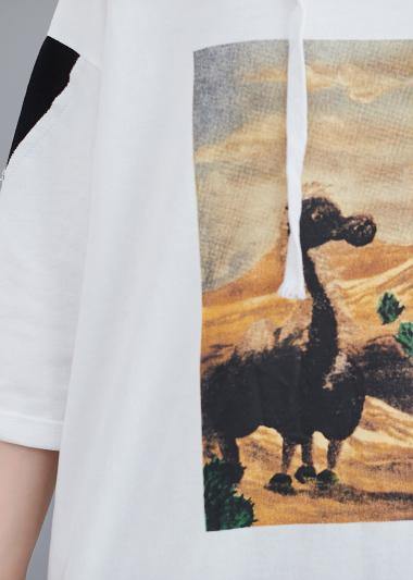 White Prints Hoode Blouse Half Sleeve Tops