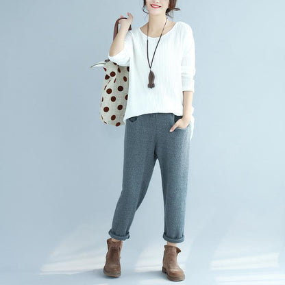 White Woolen Fit Knit Blouse O Neck Sweater Tops