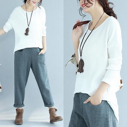 White Woolen Fit Knit Blouse O Neck Sweater Tops