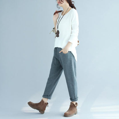 White Woolen Fit Knit Blouse O Neck Sweater Tops