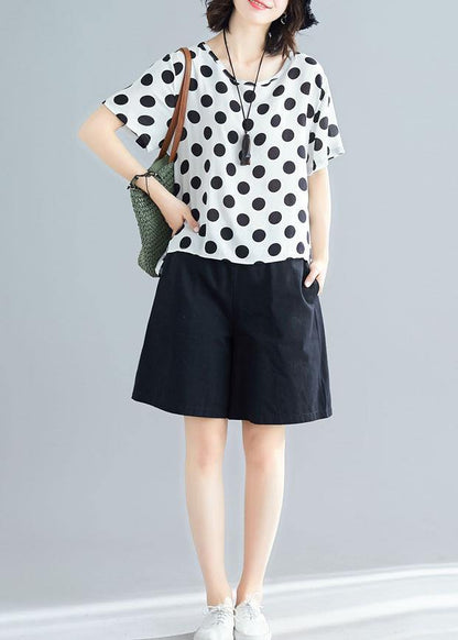 White Dotted Blended Pullover and Black Elastic Waist Shorts