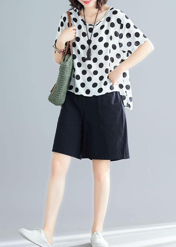 White Dotted Blended Pullover and Black Elastic Waist Shorts