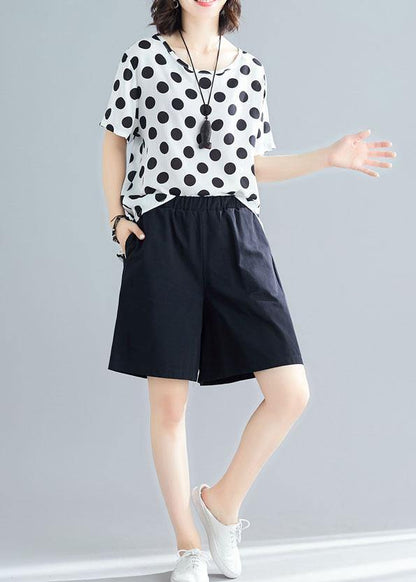 White Dotted Blended Pullover and Black Elastic Waist Shorts