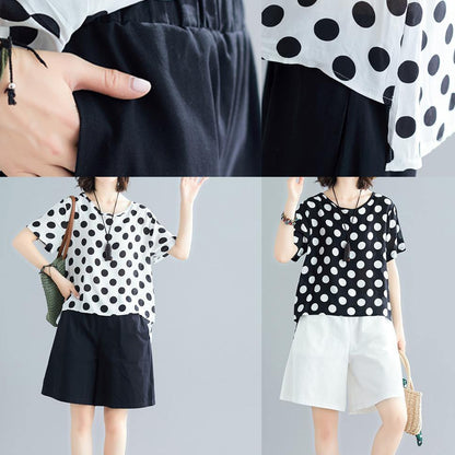 White Dotted Blended Pullover and Black Elastic Waist Shorts