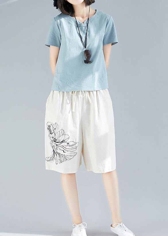 White Embroidery Blended Loose Pants Elastic Waist Shorts