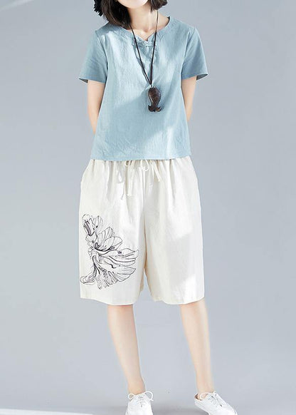 White Embroidery Blended Loose Pants Elastic Waist Shorts