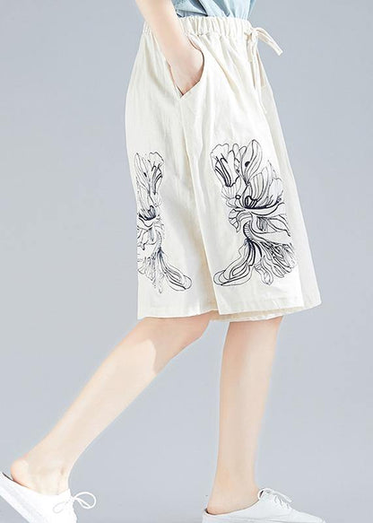White Embroidery Blended Loose Pants Elastic Waist Shorts