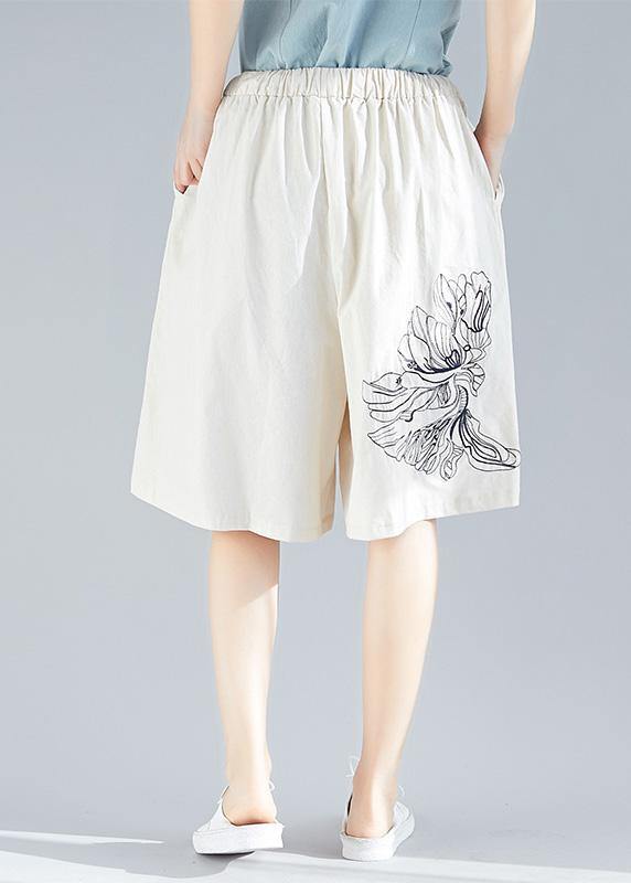 White Embroidery Blended Loose Pants Elastic Waist Shorts