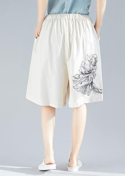 White Embroidery Blended Loose Pants Elastic Waist Shorts