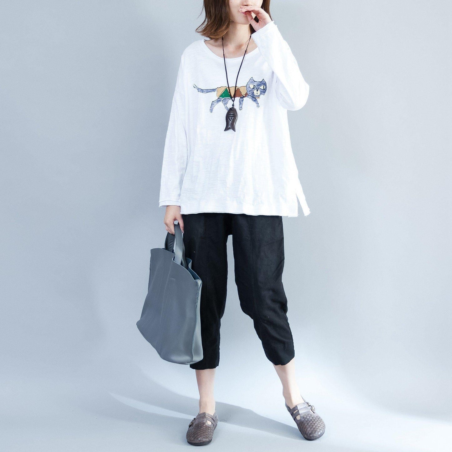 white fashion cotton tops oversize long sleeve blouse