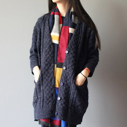 Winter Baggy Loose Navy Woolen Blended Knit Cardigans Pockets Cable Sweater Coat