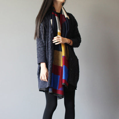 Winter Baggy Loose Navy Woolen Blended Knit Cardigans Pockets Cable Sweater Coat