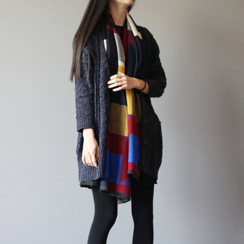 Winter Baggy Loose Navy Woolen Blended Knit Cardigans Pockets Cable Sweater Coat