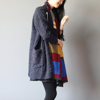 Winter Baggy Loose Navy Woolen Blended Knit Cardigans Pockets Cable Sweater Coat