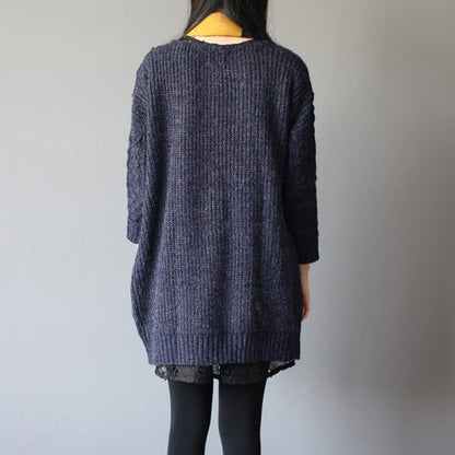 Winter Baggy Loose Navy Woolen Blended Knit Cardigans Pockets Cable Sweater Coat