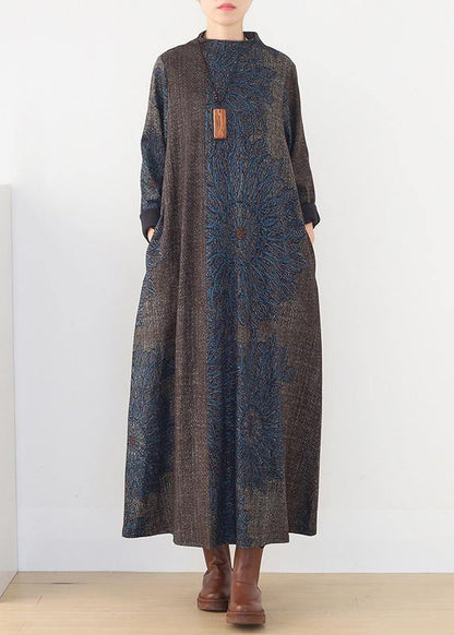 Winter Blue Prints Retro Loose Large Size Dress
