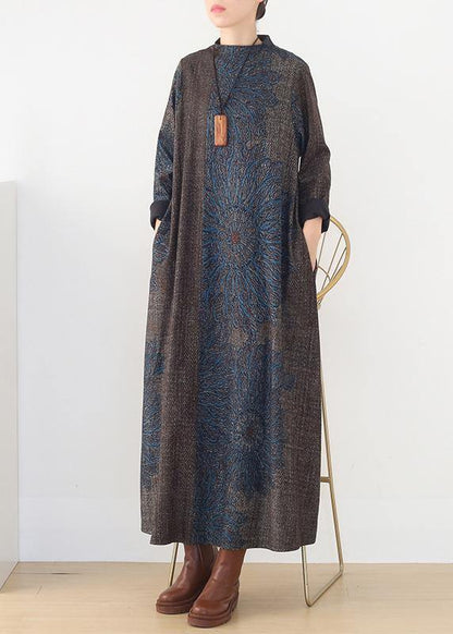 Winter Blue Prints Retro Loose Large Size Dress