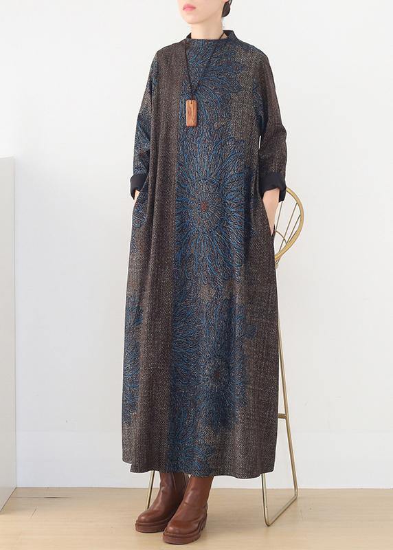 Winter Blue Prints Retro Loose Large Size Dress