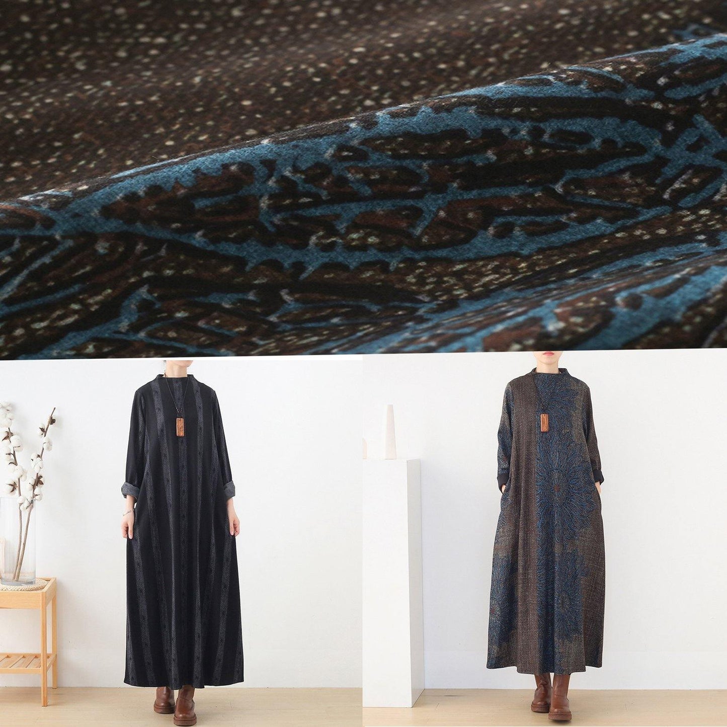 Winter Blue Prints Retro Loose Large Size Dress
