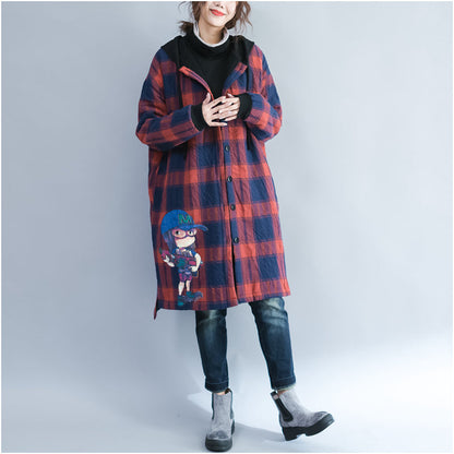 Winter Cartoon Prints Cotton Cardigans Red Grid Thick Hooded Trench Coats