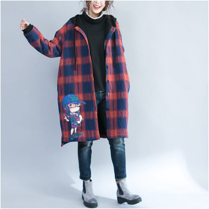 Winter Cartoon Prints Cotton Cardigans Red Grid Thick Hooded Trench Coats