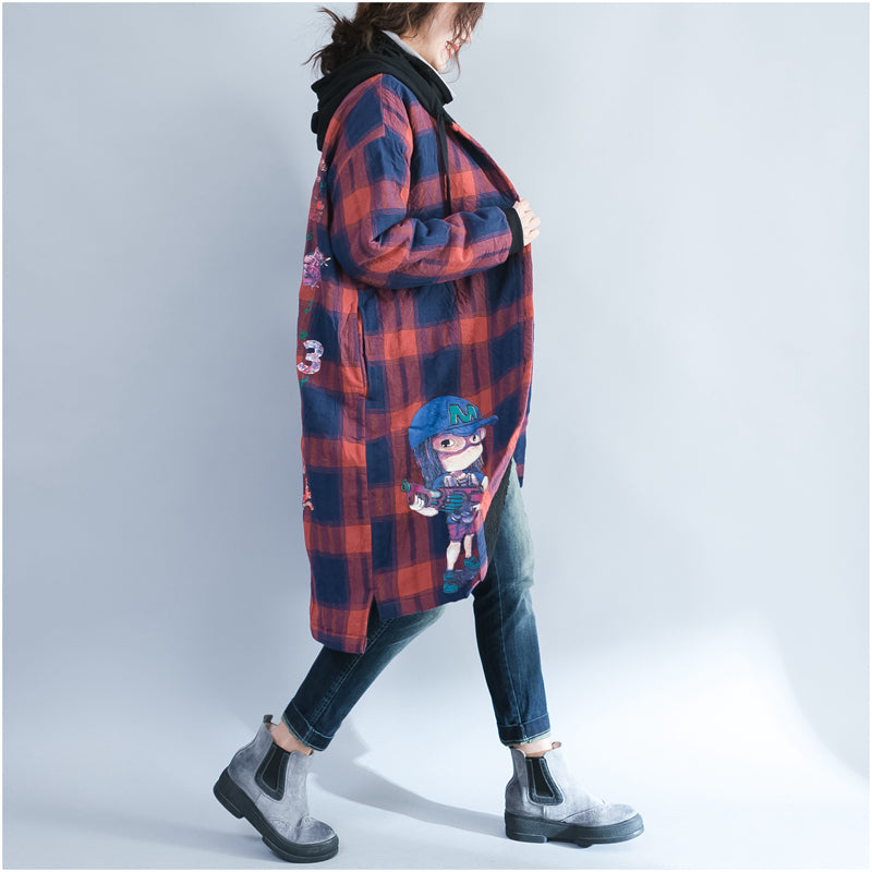 Winter Cartoon Prints Cotton Cardigans Red Grid Thick Hooded Trench Coats