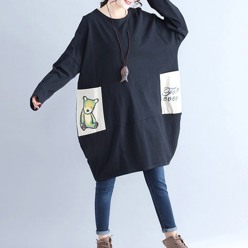 Winter Black Cotton Dresses Pockets Long Sleeve Shift Dress