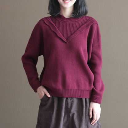 Winter Burgundy Lace Collar Cotton Sweater Loose Warm Knit Tops