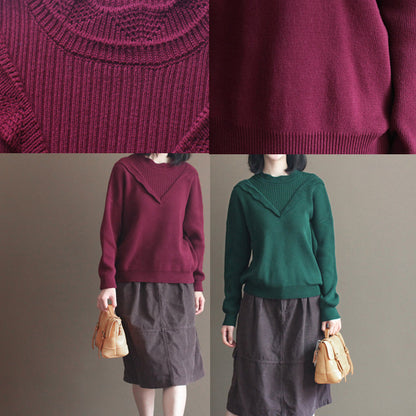 Winter Burgundy Lace Collar Cotton Sweater Loose Warm Knit Tops