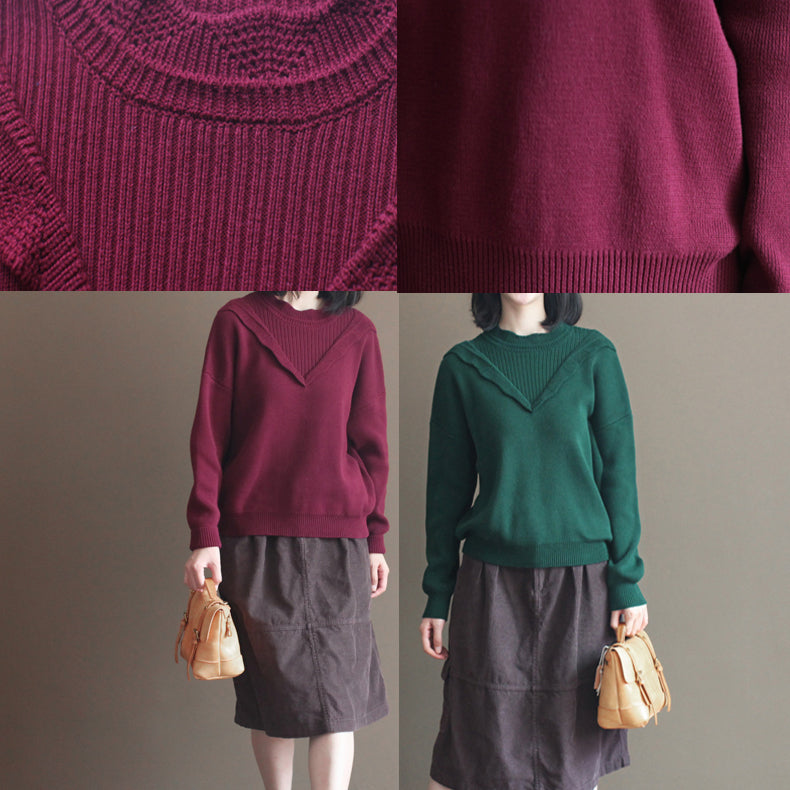 Winter Burgundy Lace Collar Cotton Sweater Loose Warm Knit Tops