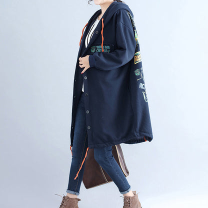 Winter Cotton Cardigans Oversize Navy Hooded Coats Back Cartoon Prints