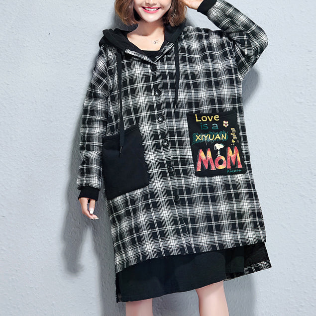 Winter Grid Print Cotton Thick Coats Hooded Thick Low High Cardigans